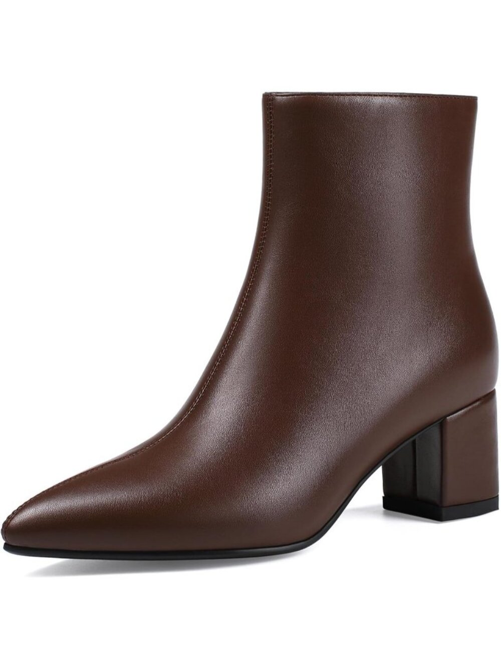 Women's Brown Pointed Toe Chunky Low Heel Comfortable Side Zipper Ankle Booties